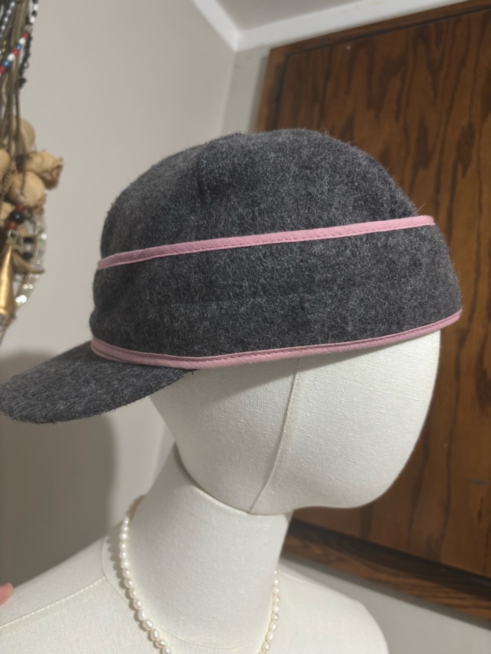 Gray Wool Woman's Cap with Pink Flower Trim - Picture 2 of 7